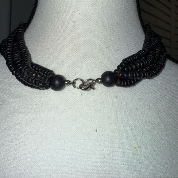 Multi Strand Wood Beaded Mosaic Round Pendant Necklace, Brown 17” Long - Picture 3 of 5